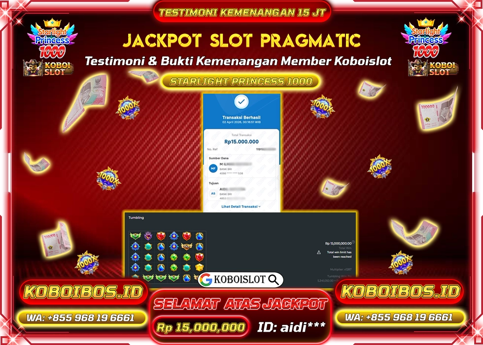 BUKTI KEMENANGAN ID aidi*** SLOT GACOR STARLIGHT PRINCESS 1000 Rp15.000.000,- LUNAS